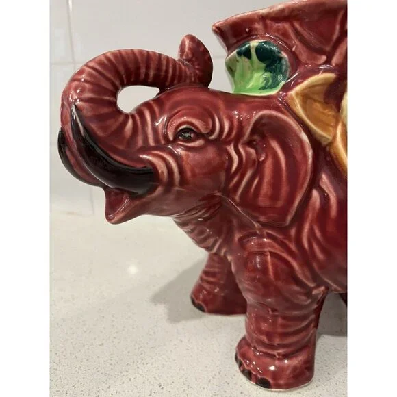 Vintage Ceramic Large Elephant Planter Colorful Made in Japan Pottery Burgundy - Picture 4 of 16